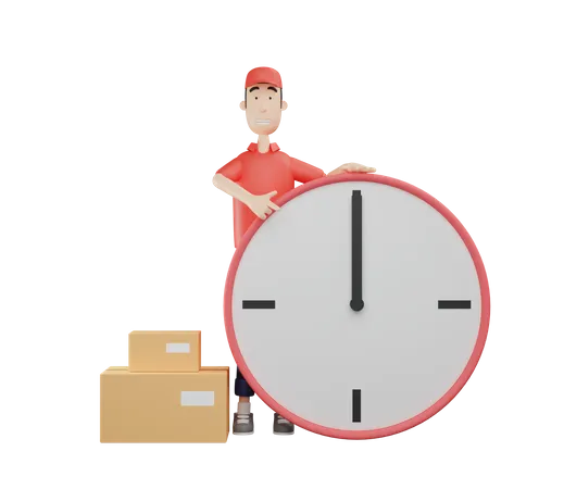 3 D Courier Character Pointing To Big Clock 3D Illustration