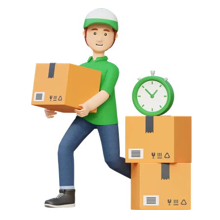 Delivery Man Sending Package Box In Time 3 D Cartoon Illustration 3D Illustration