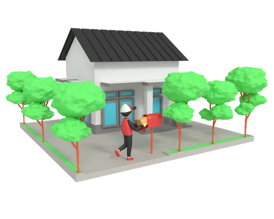 3 D Illustration Of Delivery Package On Customer House 3D Illustration