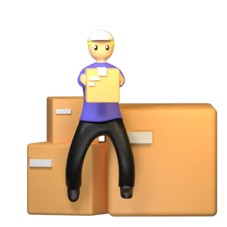 3 D Rendering Delivery Man Sit In Shipping Box From Online Shopping Concept 3D Illustration