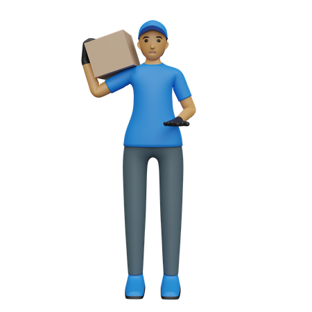 Delivery person carrying box on shoulder 3D Illustration