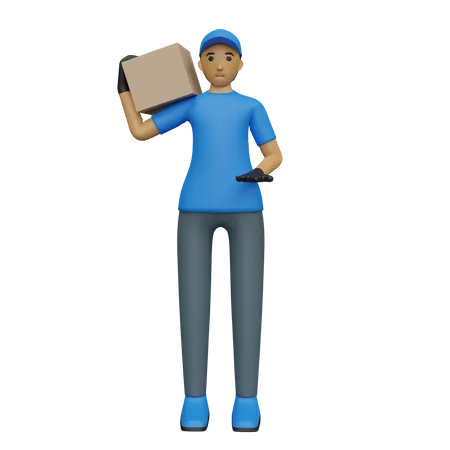 Delivery person carrying box on shoulder 3D Illustration