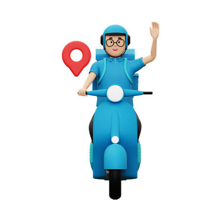 Delivery person waiving hand while riding scooter  3D Illustration