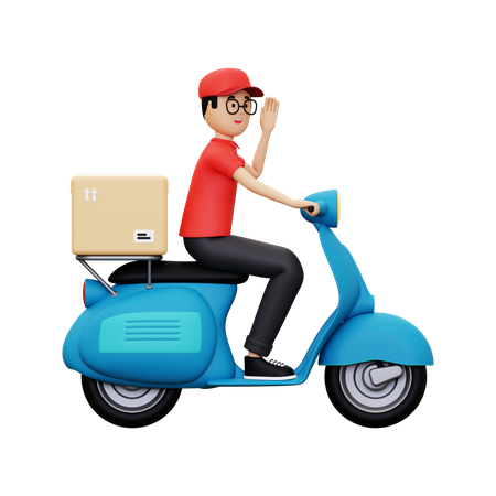 Delivery person waiving hand while riding scooter  3D Illustration