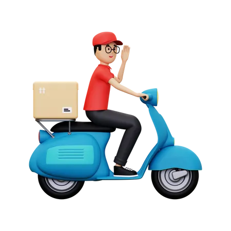 Delivery person waiving hand while riding scooter  3D Illustration