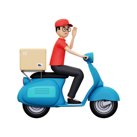 Delivery person waiving hand while riding scooter 3D Illustration
