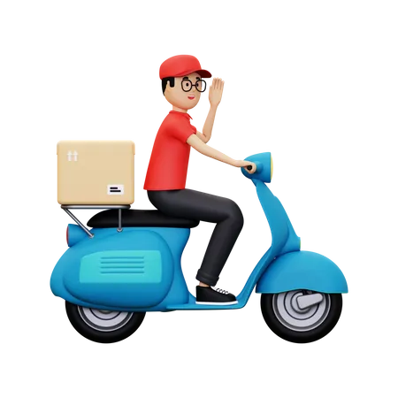 Delivery person waiving hand while riding scooter 3D Illustration