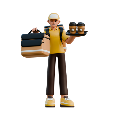 Delivery Person With Coffee And Handcarry  3D Illustration