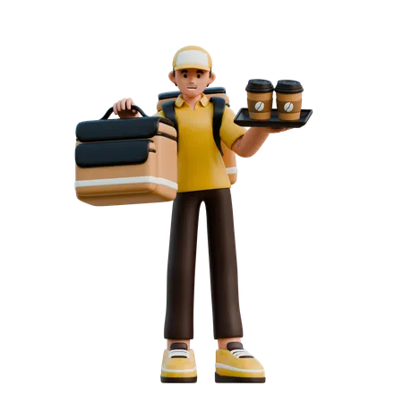 Delivery Person With Coffee And Handcarry  3D Illustration