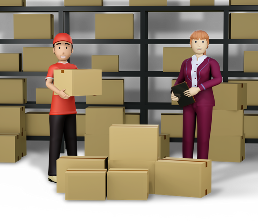 Delivery person working in warehouse 3D Illustration