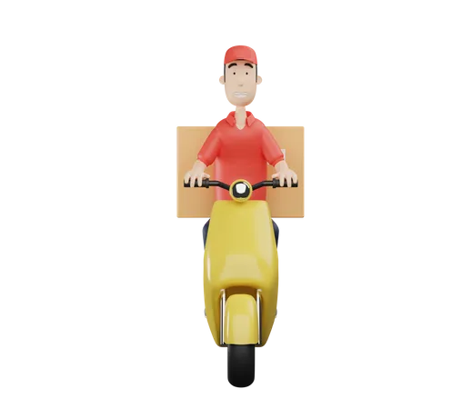 3 D Courier Character Sending Parcel Using Scooter 3D Illustration
