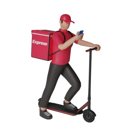 Delivery service with paddle scooter  3D Illustration