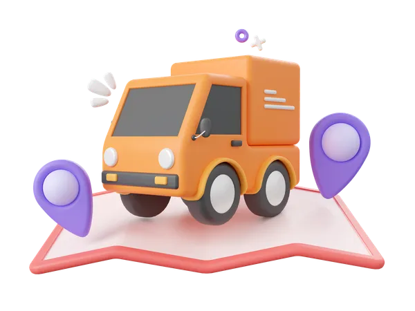 3 D Cartoon Design Illustration Of Delivery Service Delivery Truck With Pins On Map 3D Icon