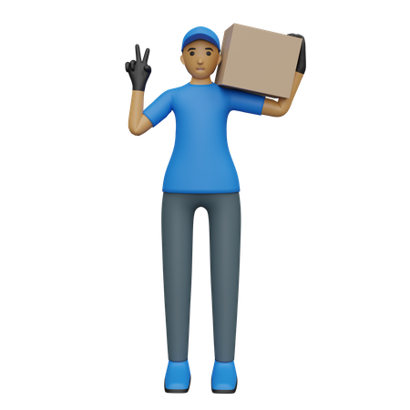 Deliveryman carrying box while showing victory sing  3D Illustration