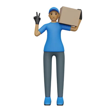 Deliveryman carrying box while showing victory sing  3D Illustration