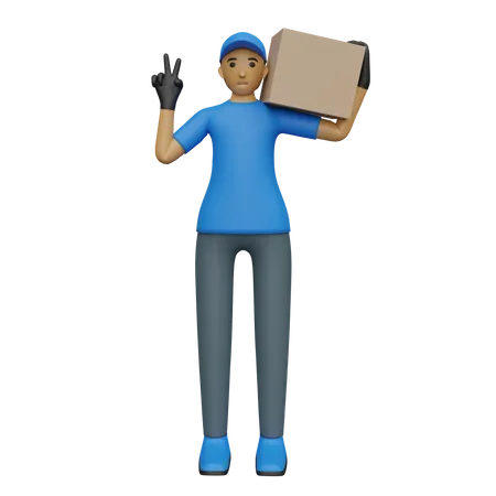 Deliveryman carrying box while showing victory sing 3D Illustration