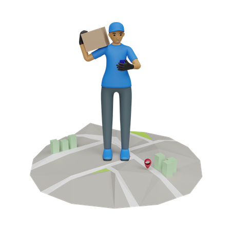 Deliveryman checking delivery address in phone 3D Illustration