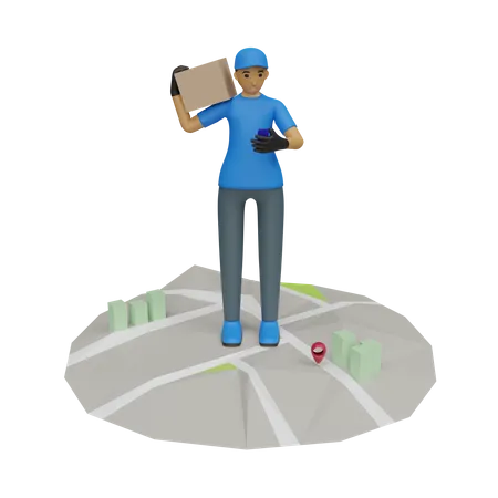 Deliveryman checking delivery address in phone  3D Illustration