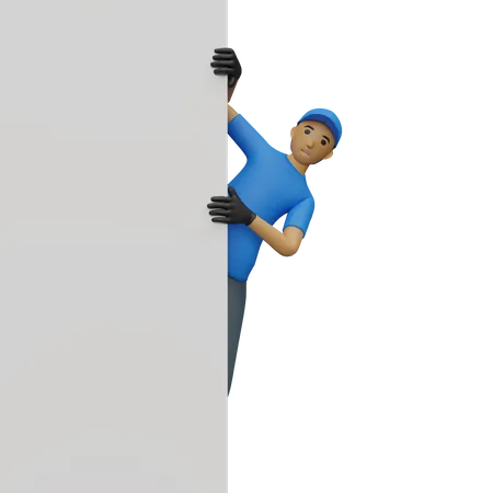 Deliveryman coming behind blank board  3D Illustration