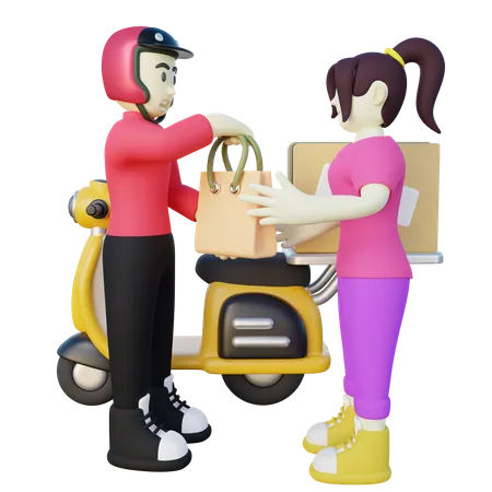 Deliveryman Deliver Order to Female Customer  3D Illustration