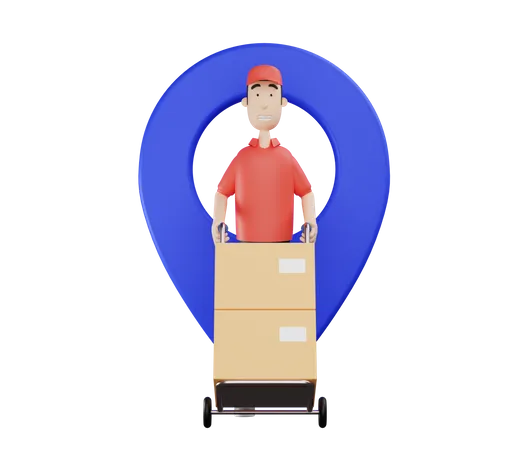 3 D Courier Character Pushing Cardboard Using Hand Truck In Front Of The Location Icon 3D Illustration