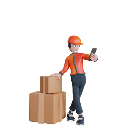 Deliveryman finding location on mobile 3D Illustration