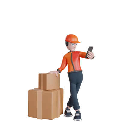 Deliveryman finding location on mobile  3D Illustration
