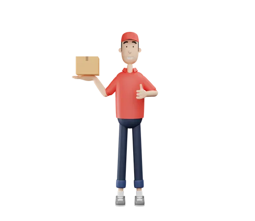 3 D Courier Character Holding Cardboard While Giving Thumbs Up 3D Illustration
