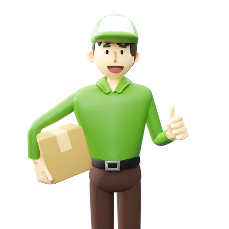 Good Delivery Service Concept Delivery Man Holding A Box And Making Thumbs Up 3 D Rendering Cartoon Illustration 3D Illustration