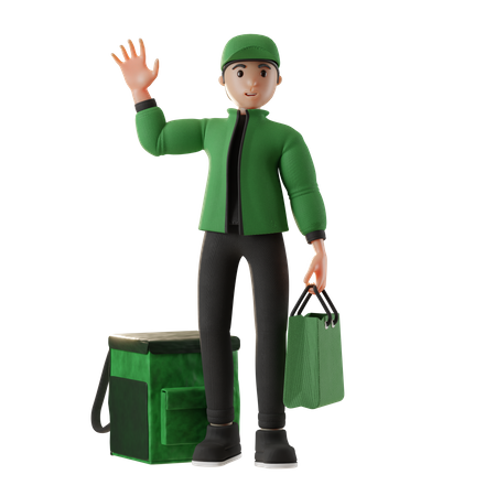 Deliveryman holding box and waving  3D Illustration