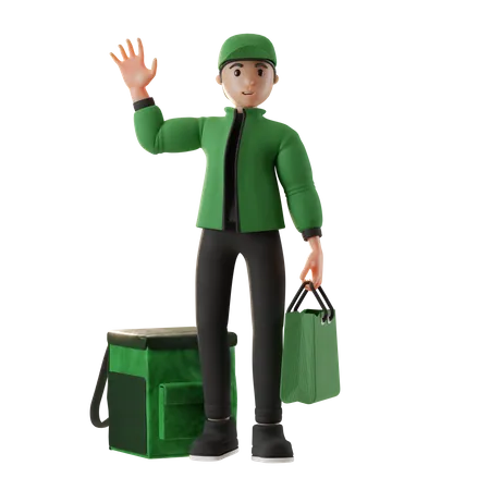Deliveryman holding box and waving 3D Illustration