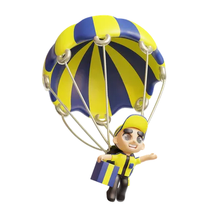 Deliveryman holding package wearing parachute  3D Illustration