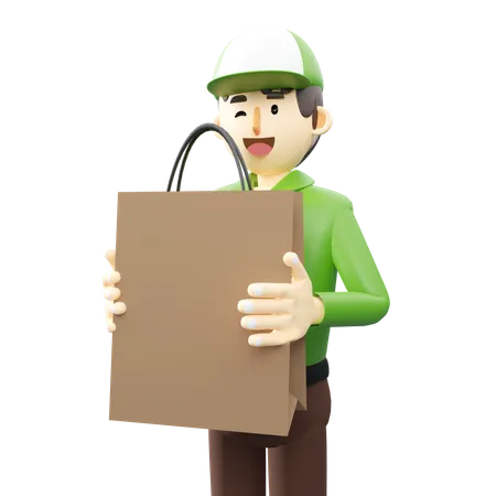 Deliveryman holding paper bag  3D Illustration