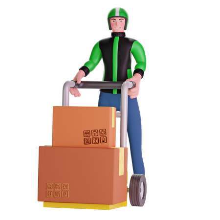 Deliveryman Holding Trolley Loaded With Boxes 3D Illustration