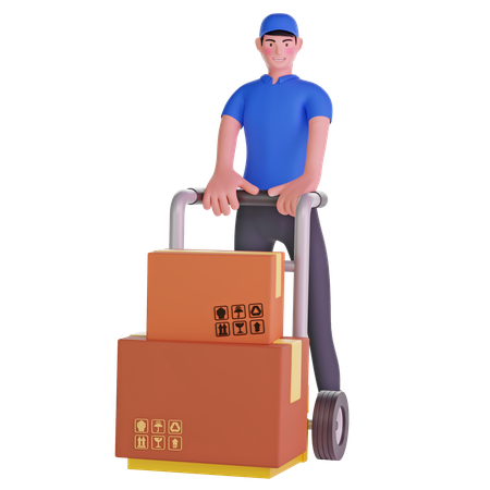 Deliveryman Holding Trolley Loaded With Cardboard Boxes  3D Illustration