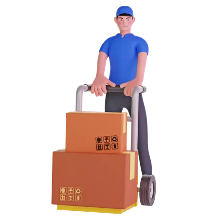 Deliveryman Holding Trolley Loaded With Cardboard Boxes 3D Illustration