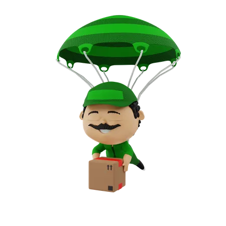 Deliveryman landing with parachute 3D Illustration