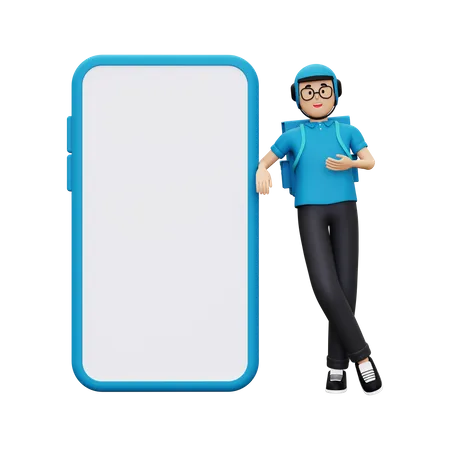 Deliveryman leaning on phone 3D Illustration