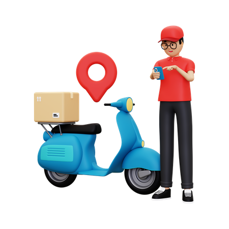 Deliveryman Looking at delivery location through smartphone  3D Illustration