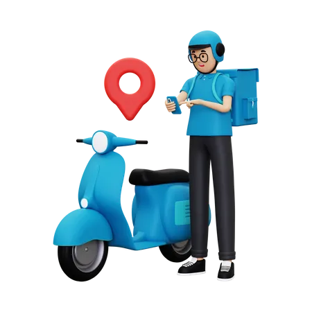 Deliveryman Looking at delivery location through smartphone  3D Illustration