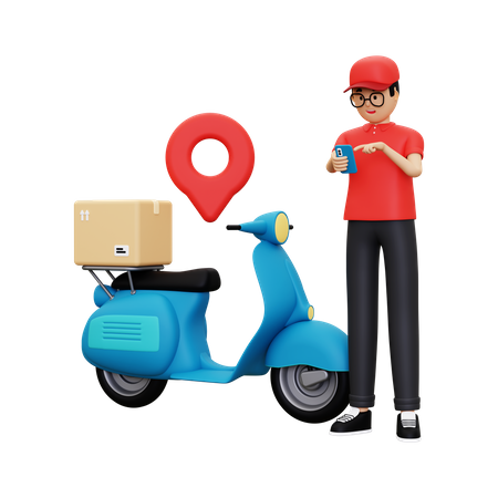 Deliveryman Looking at delivery location through smartphone 3D Illustration