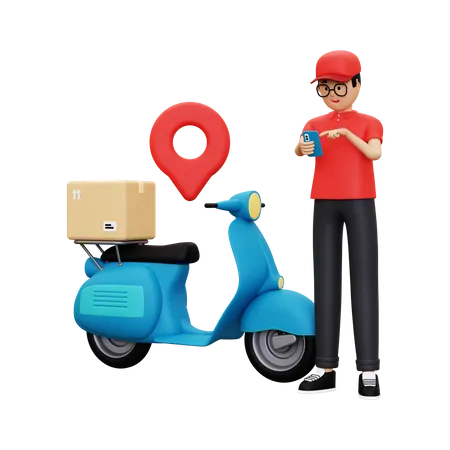 Deliveryman Looking at delivery location through smartphone 3D Illustration
