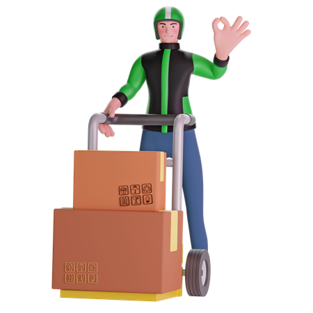 Deliveryman making OK hand sign gesture and Holding Trolley Loaded With Boxes  3D Icon