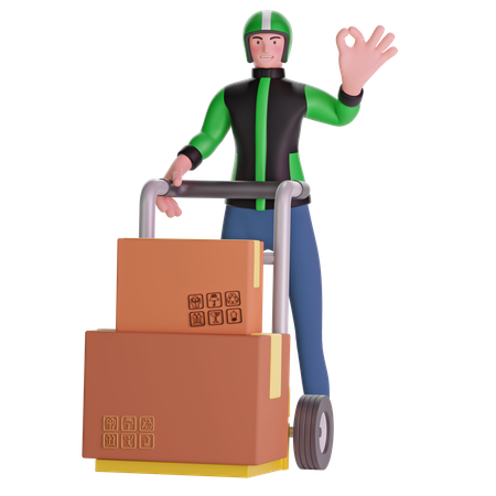 Deliveryman making OK hand sign gesture and Holding Trolley Loaded With Boxes  3D Illustration