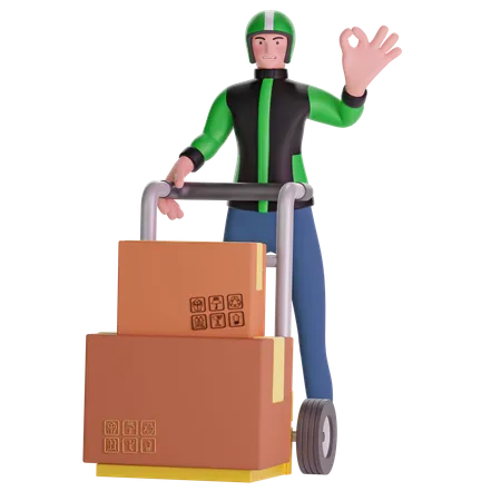 Deliveryman making OK hand sign gesture and Holding Trolley Loaded With Boxes  3D Illustration