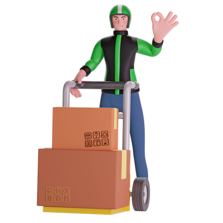 Deliveryman making OK hand sign gesture and Holding Trolley Loaded With Boxes 3D Illustration