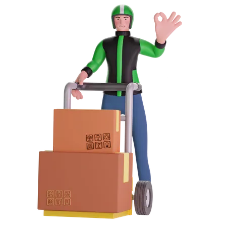 Deliveryman making OK hand sign gesture and Holding Trolley Loaded With Boxes 3D Illustration