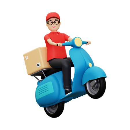 Deliveryman on scooter going to deliver parcel 3D Illustration