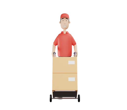 Deliveryman pushing packages trolley  3D Illustration