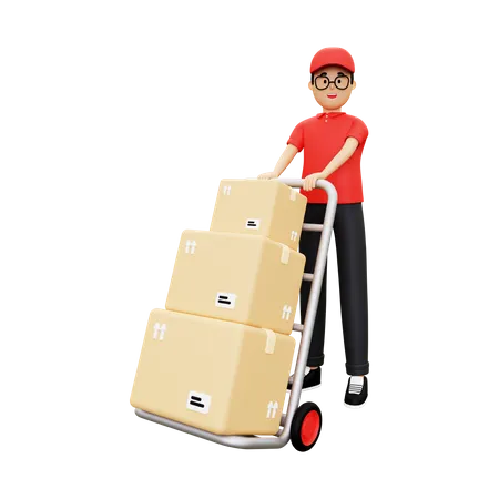 Deliveryman pushing packages trolley  3D Illustration